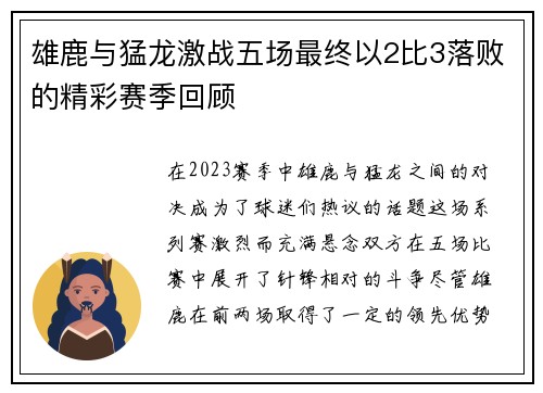 雄鹿与猛龙激战五场最终以2比3落败的精彩赛季回顾